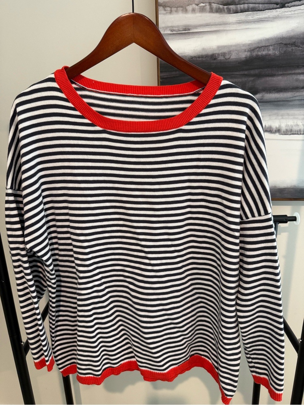 Striped Crew Neck Sweater with Red Trim